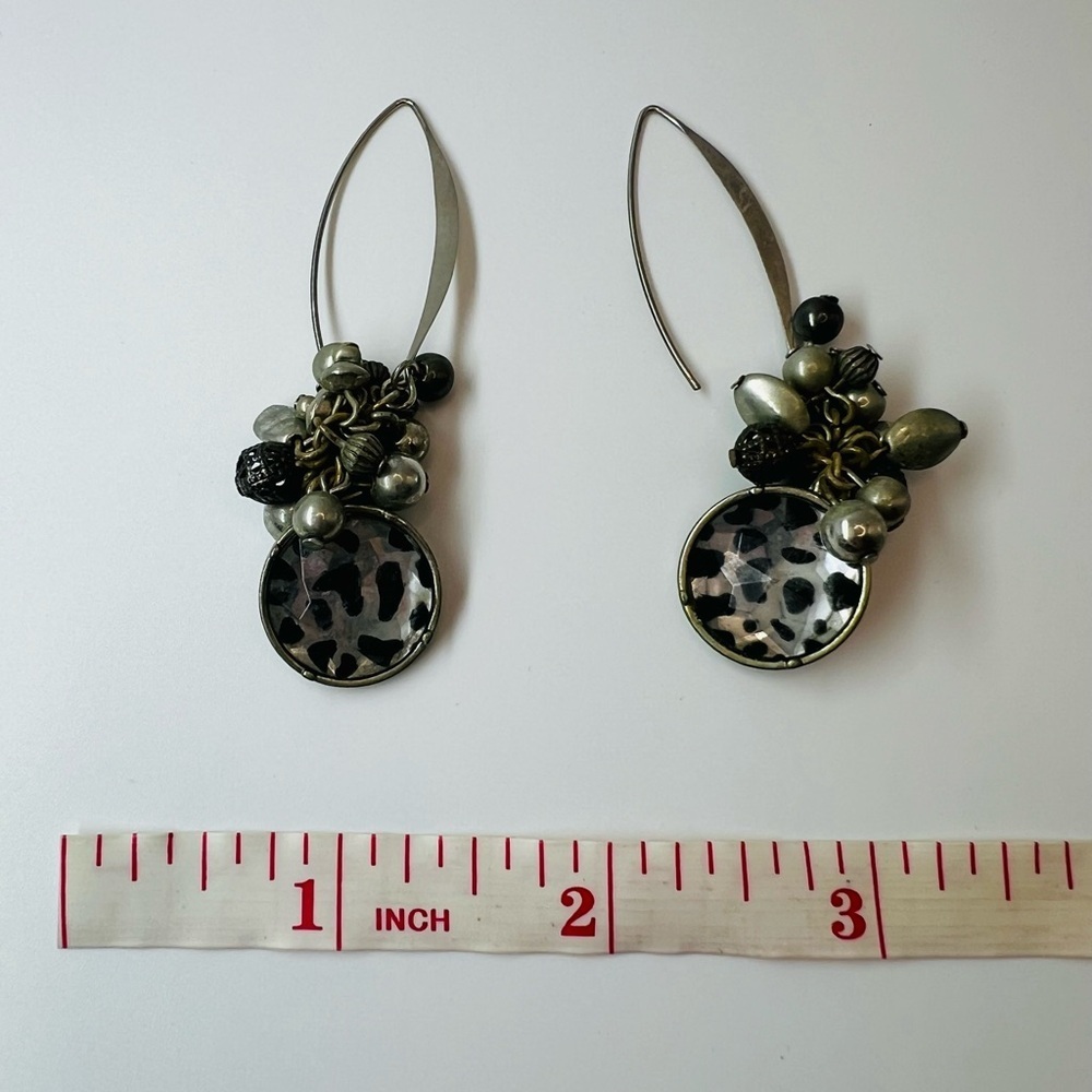 Vintage Leopard Print Cluster Dangle Earrings | Mixed Metal Statement - Picture 2 of 2